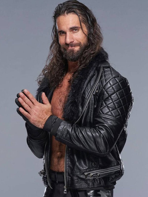 WWE Seth Rollins Faux Shearl Coller Stylish Black Leather Jacket
