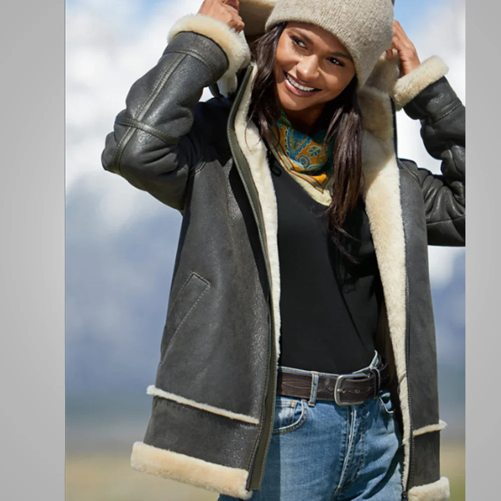 Women Flying Aviator Real Faux Fur Leather Bomber Jacket