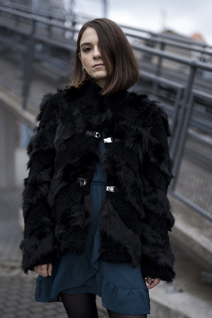 Women Harness Design Faux Fur Leather Jacket