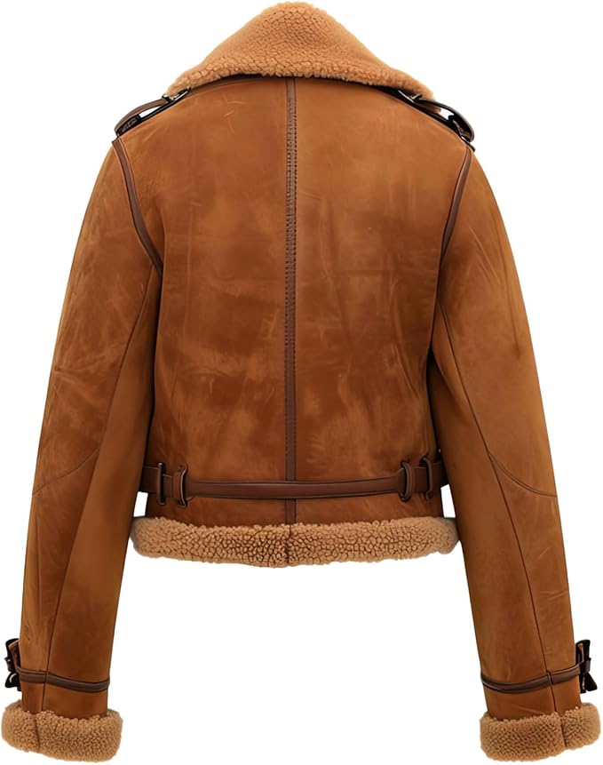 Women's Dark Brown Genuine Suede Faux Shearling Faux Fur Jacket