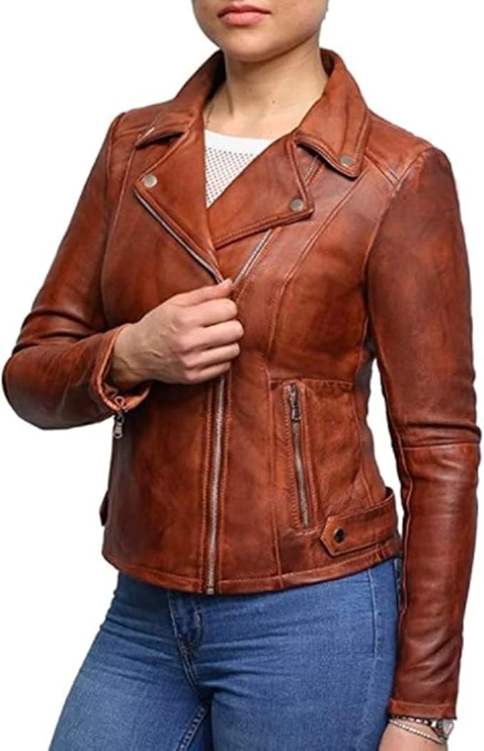 Womens Vintage Brown Cross Zip Slim Fit Genuine Real Leather Jacket