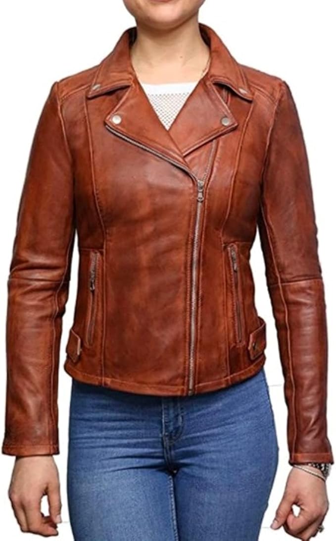Womens Vintage Brown Cross Zip Slim Fit Genuine Real Leather Jacket