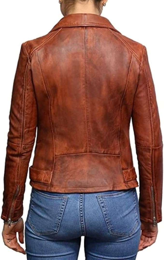 Womens Vintage Brown Cross Zip Slim Fit Genuine Real Leather Jacket