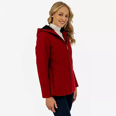 Women's Red Wool Blend Hooded Zip Up Jacket