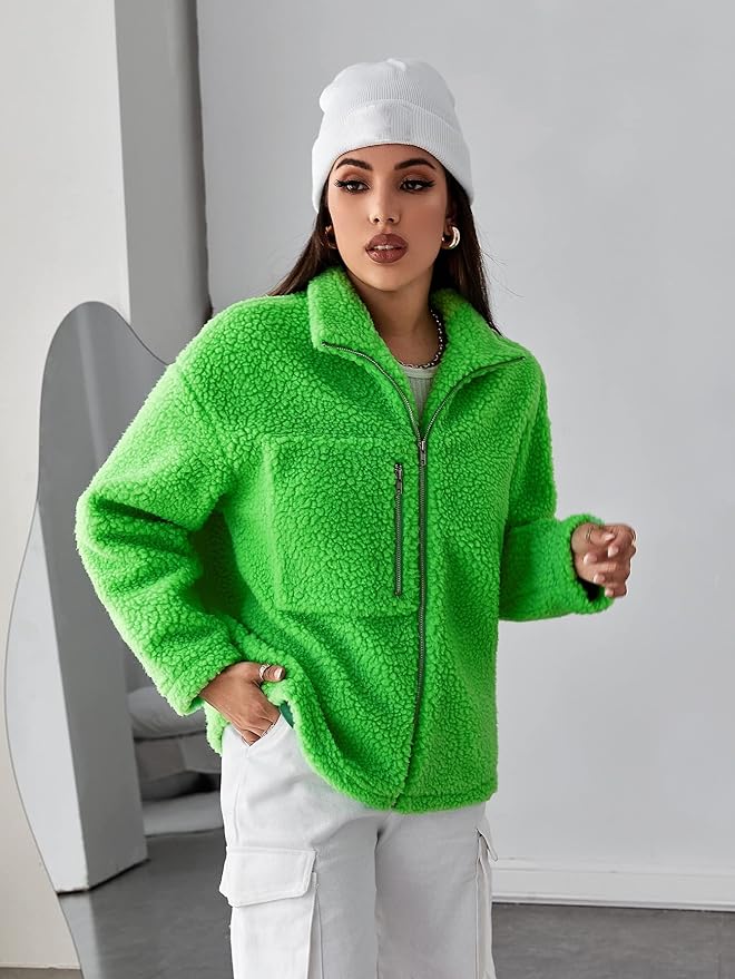 Women's Fashion Jacket Drop Shoulder Zipper Teddy Jacket