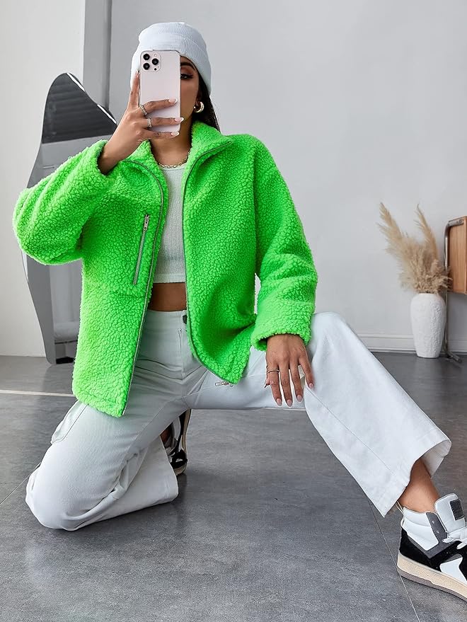 Women's Fashion Jacket Drop Shoulder Zipper Teddy Jacket