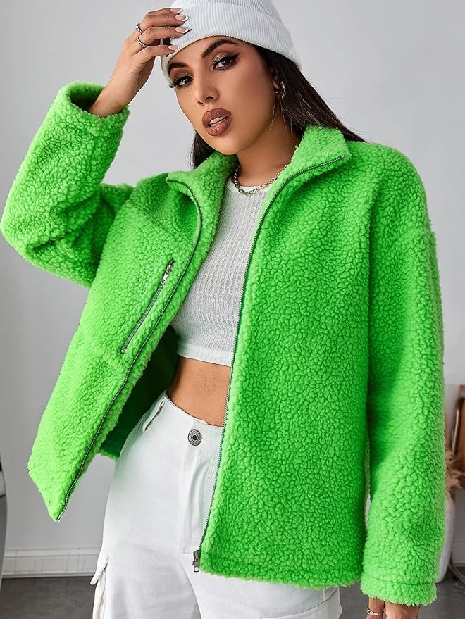 Women's Fashion Jacket Drop Shoulder Zipper Teddy Jacket