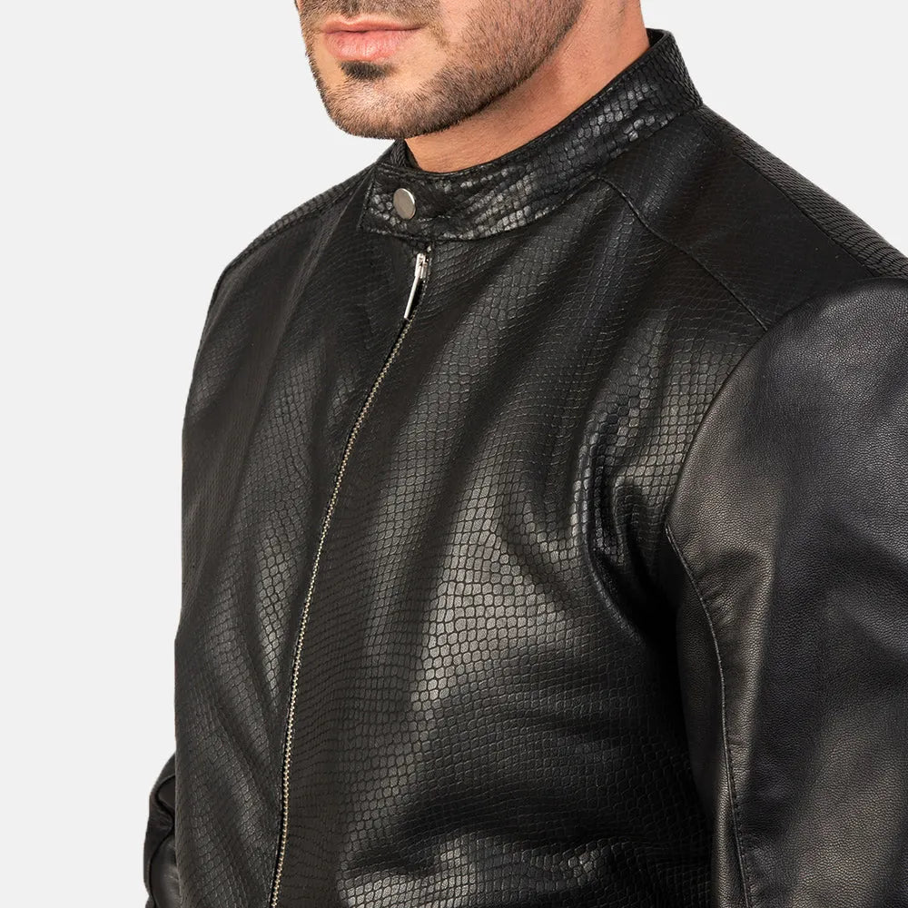 A stylish black bomber jacket, perfect for men seeking a fashionable and versatile outerwear option.