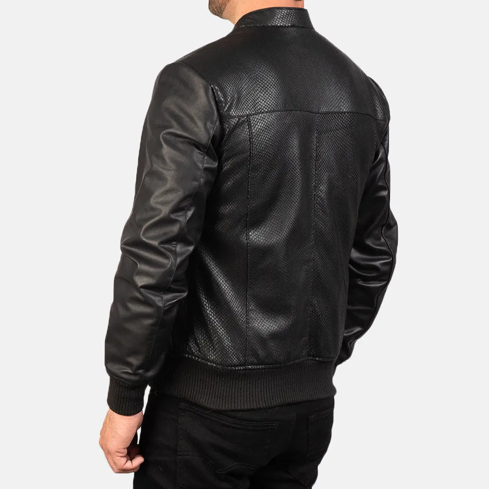 A stylish black bomber jacket, perfect for men seeking a fashionable and versatile outerwear option.