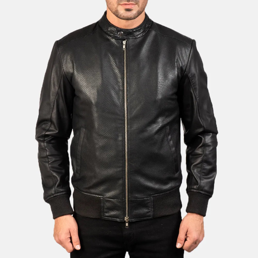 A stylish black bomber jacket, perfect for men seeking a fashionable and versatile outerwear option.