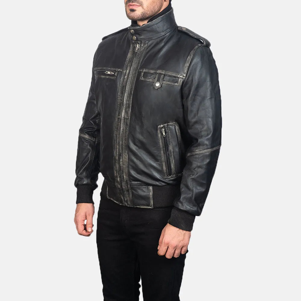 Authentic bomber black leather jacket vintage in Genuine leather