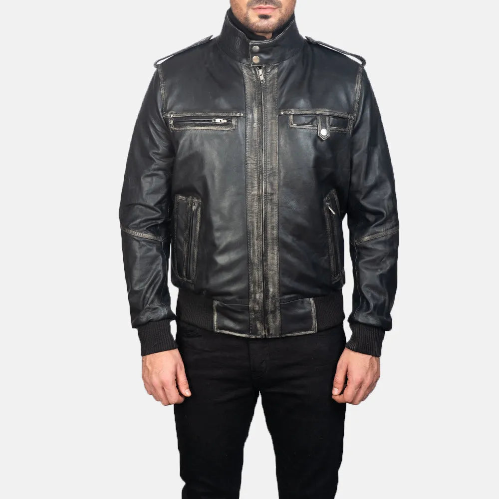 Authentic bomber black leather jacket vintage in Genuine leather