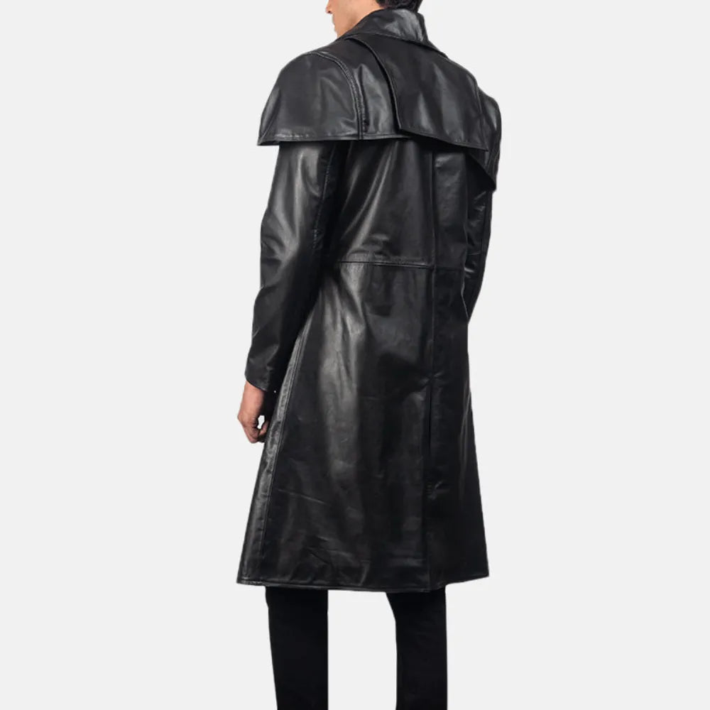 A stylish man in a black leather men's coat.
