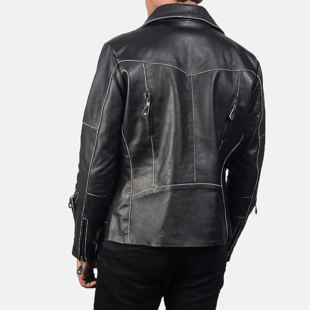 Embrace the timeless appeal of a black leather riding jacket, expertly crafted from leather.