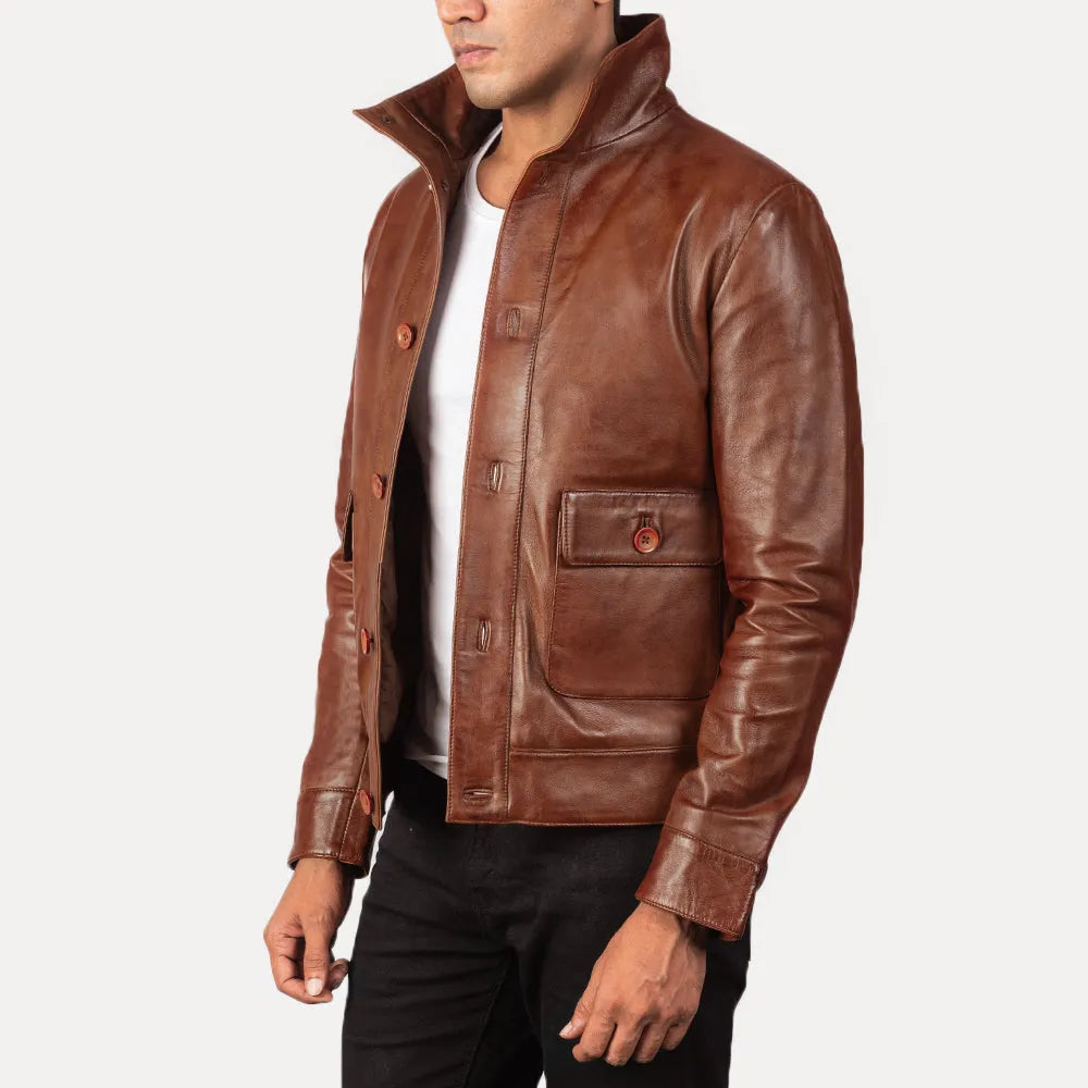 Luxurious brown bomber coat men's crafted from genuine leather. Perfect for the stylish man.