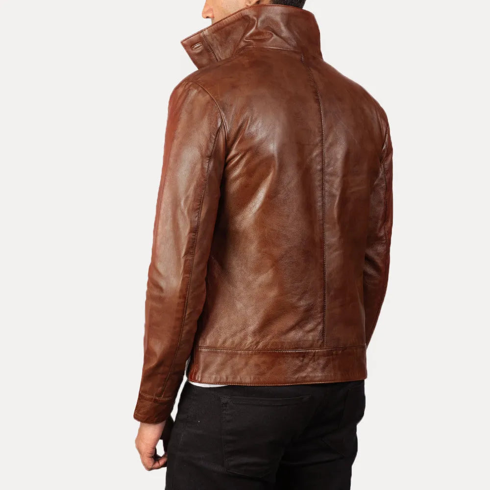 Luxurious brown bomber coat men's crafted from genuine leather. Perfect for the stylish man.