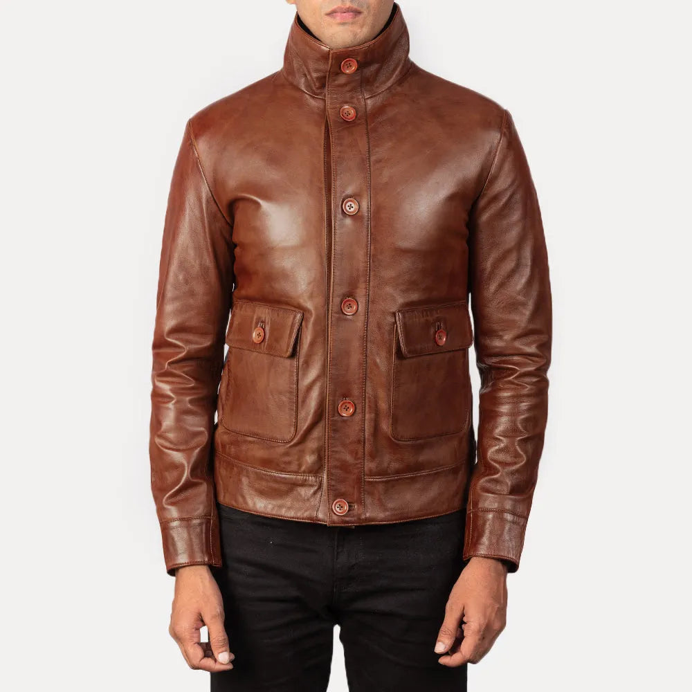 Luxurious brown bomber coat men's crafted from genuine leather. Perfect for the stylish man.