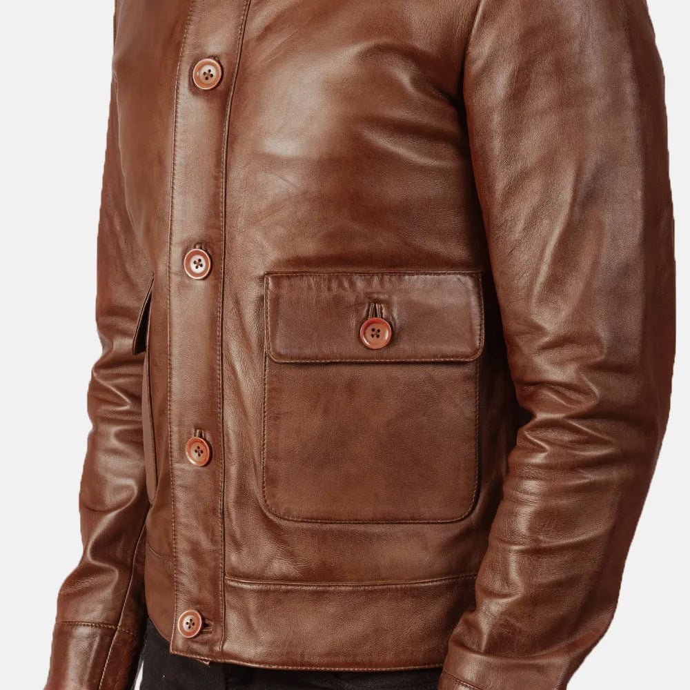 Luxurious brown bomber coat men's crafted from genuine leather. Perfect for the stylish man.