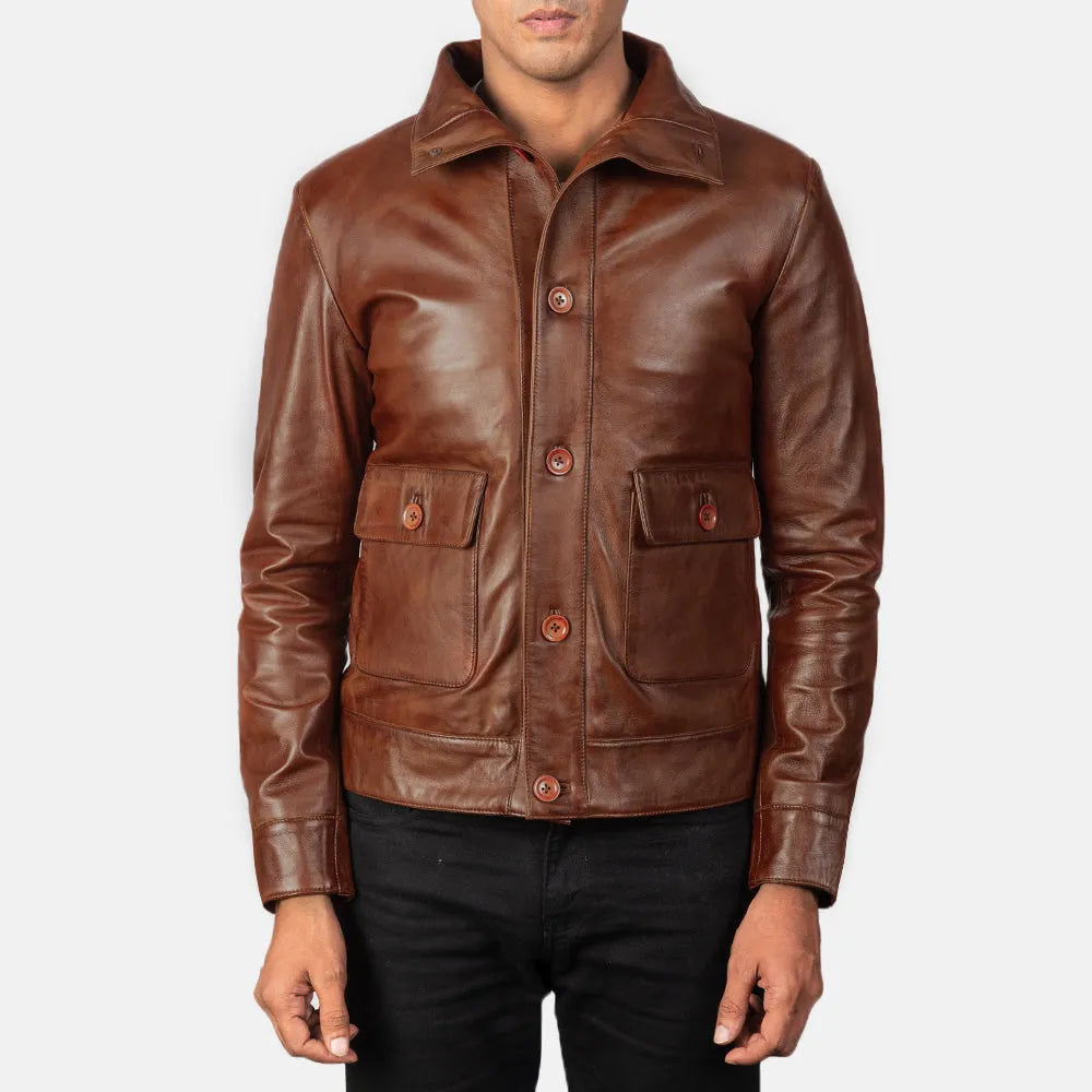 Luxurious brown bomber coat men's crafted from genuine leather. Perfect for the stylish man.