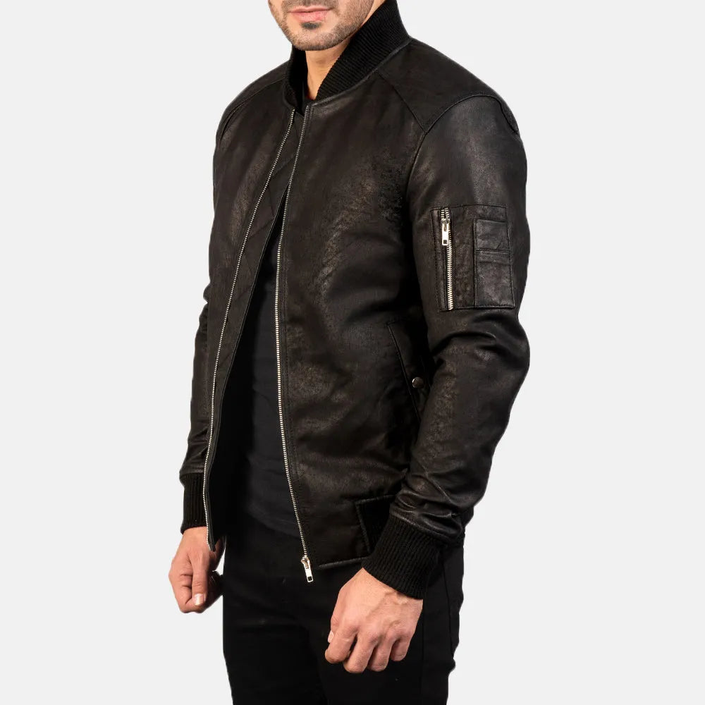 A sleek bomber jacket black crafted from genuine leather, exuding an air of sophistication and style.