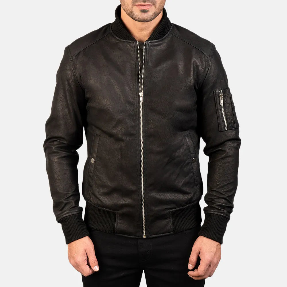 A sleek bomber jacket black crafted from genuine leather, exuding an air of sophistication and style.