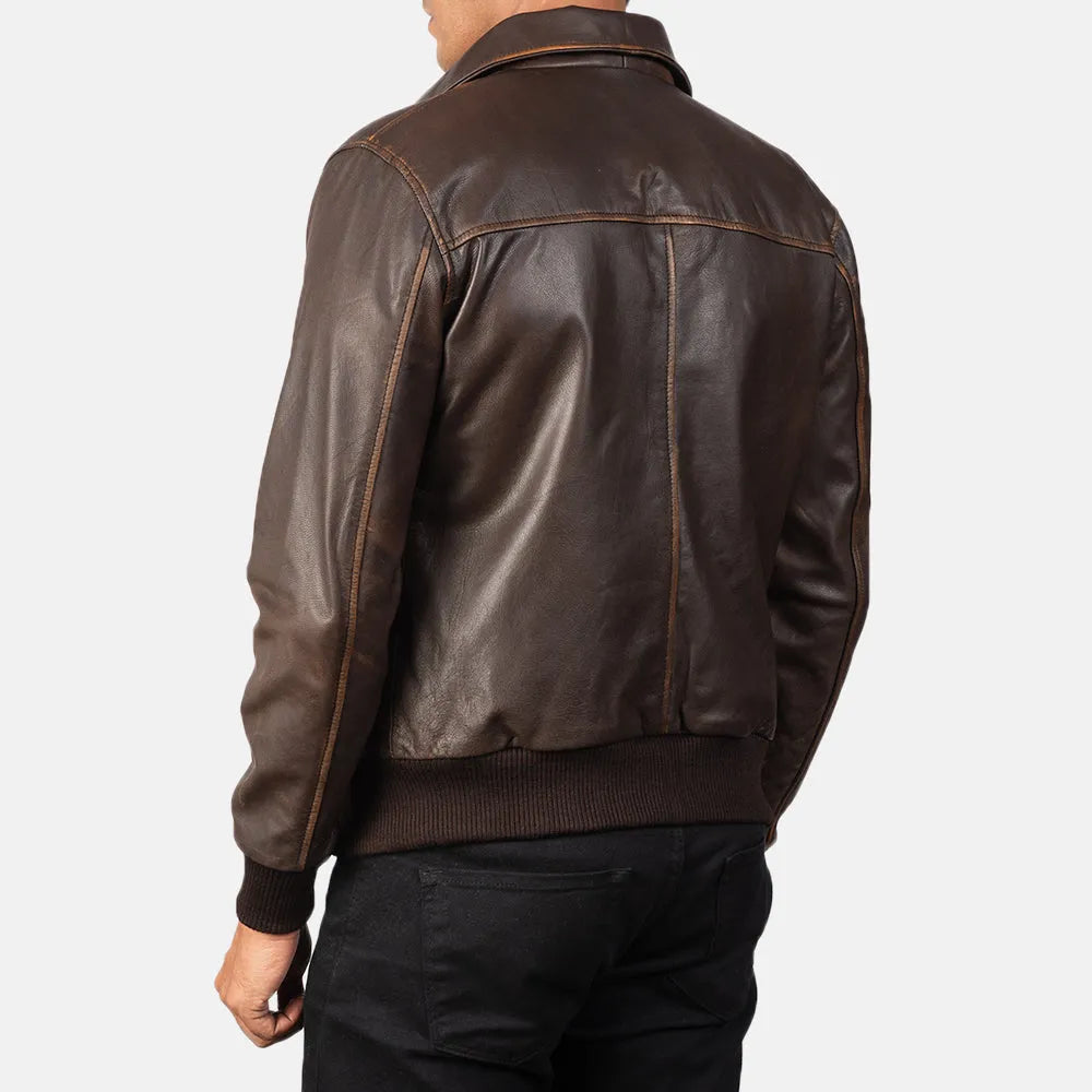Genuine leather men's brown bomber jacket for a classic look.