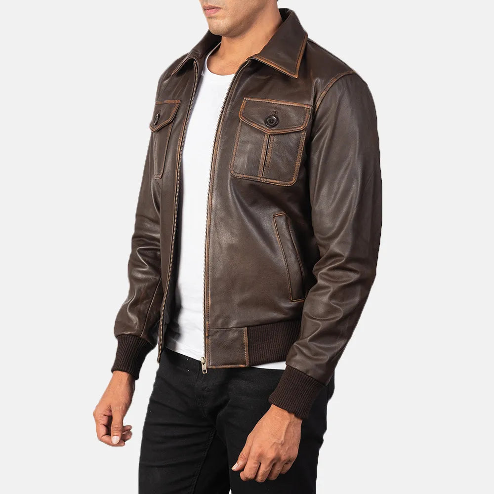 Genuine leather men's brown bomber jacket for a classic look.
