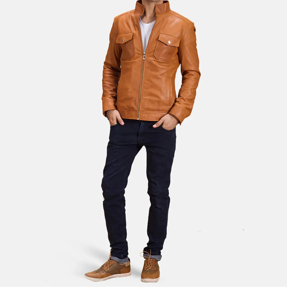 A stylish man wearing a brown men's leather jacket, exuding confidence and a touch of ruggedness.