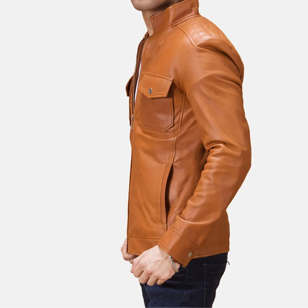 A stylish man wearing a brown men's leather jacket, exuding confidence and a touch of ruggedness.