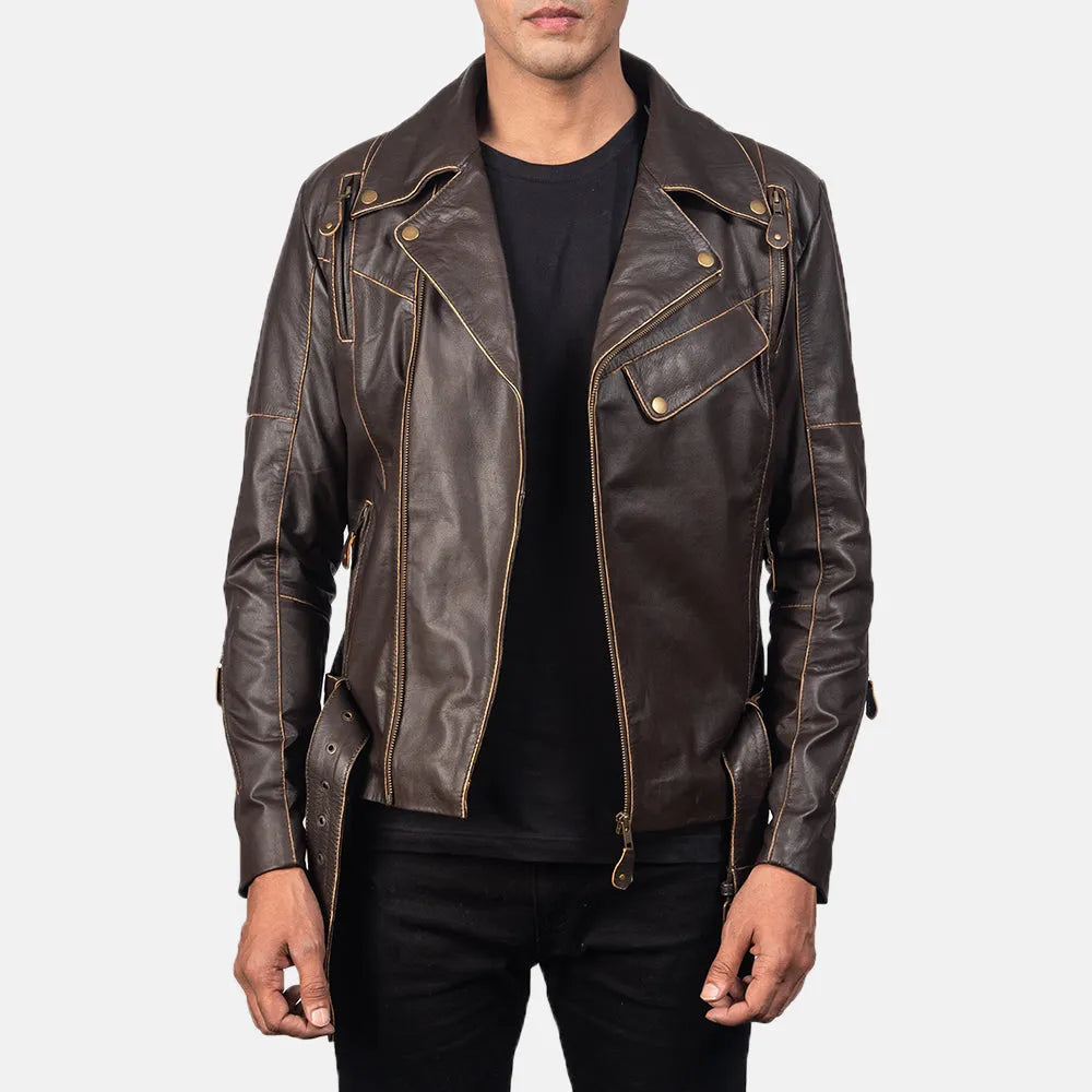 Stylish brown leather jacket motorcycle with zipper details and a sleek design.