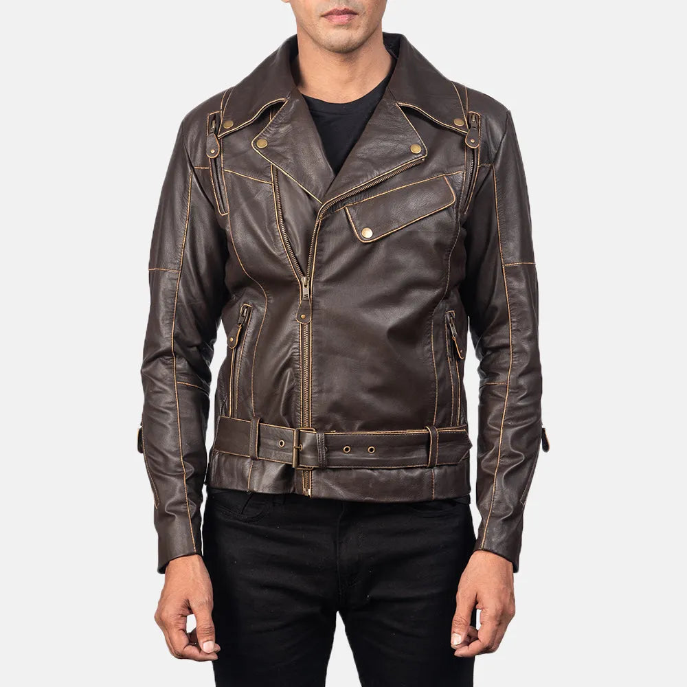 Stylish brown leather jacket motorcycle with zipper details and a sleek design.