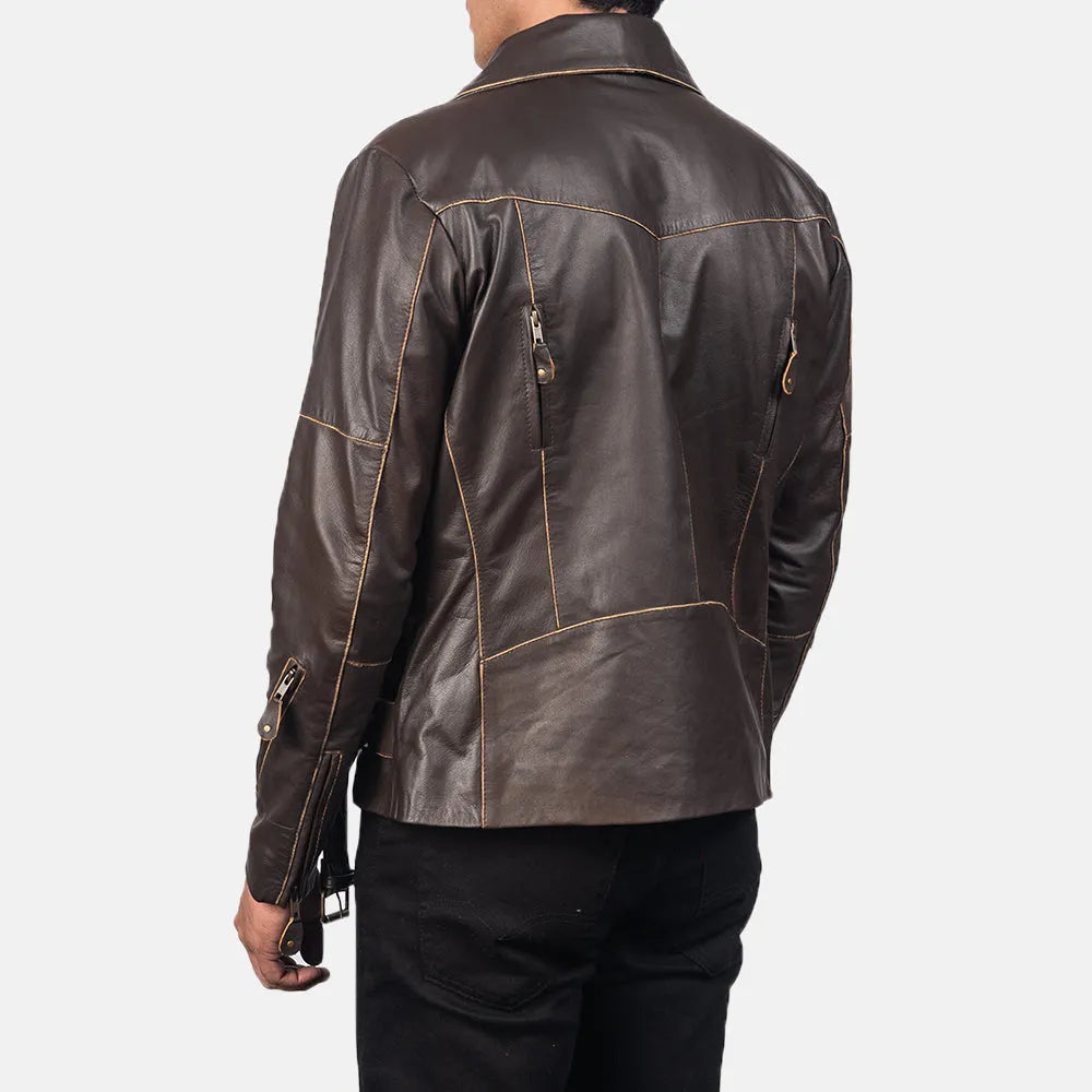 Stylish brown leather jacket motorcycle with zipper details and a sleek design.