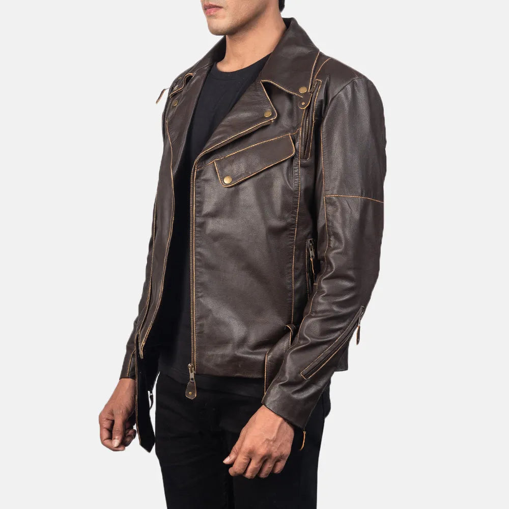 Stylish brown leather jacket motorcycle with zipper details and a sleek design.