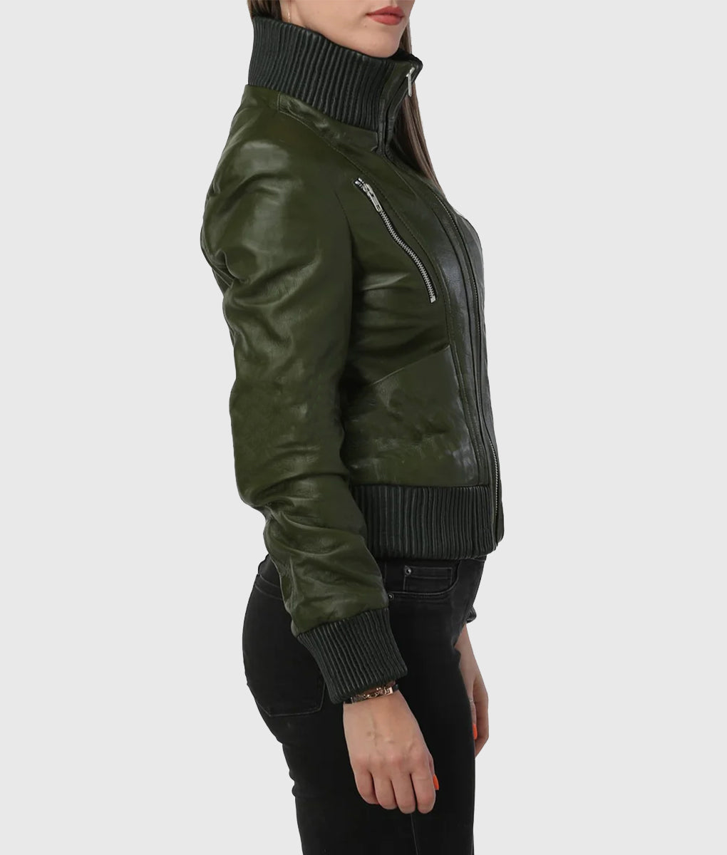 Women's Green Bomber Leather Jacket