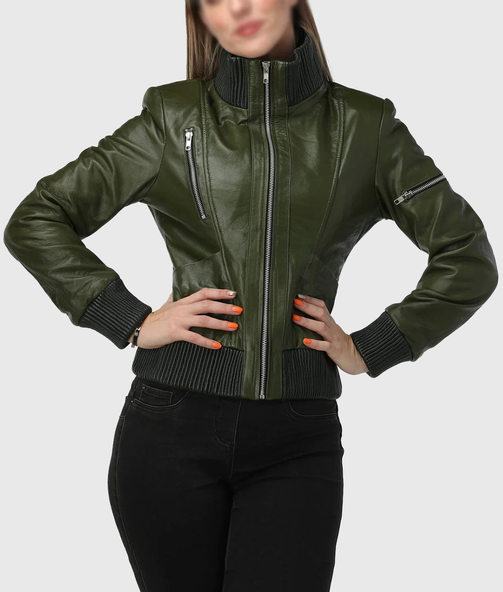 Women's Green Bomber Leather Jacket