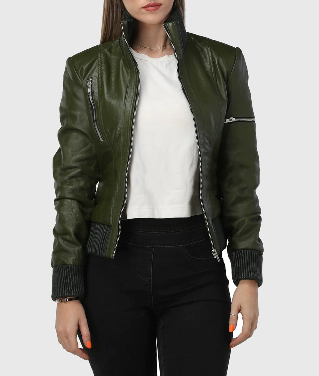Women's Green Bomber Leather Jacket