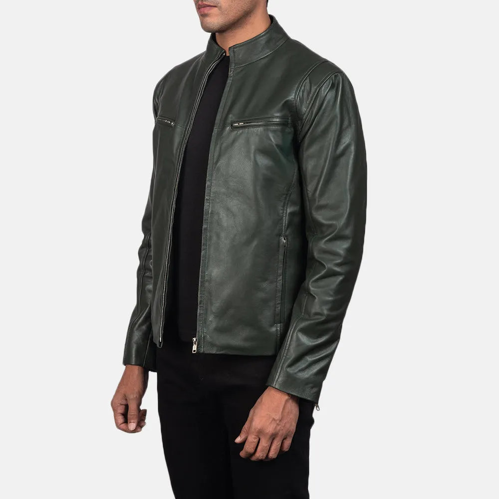 Unleash your inner rebel with this dark green biker jacket crafted from leather, a statement piece that exudes confidence.