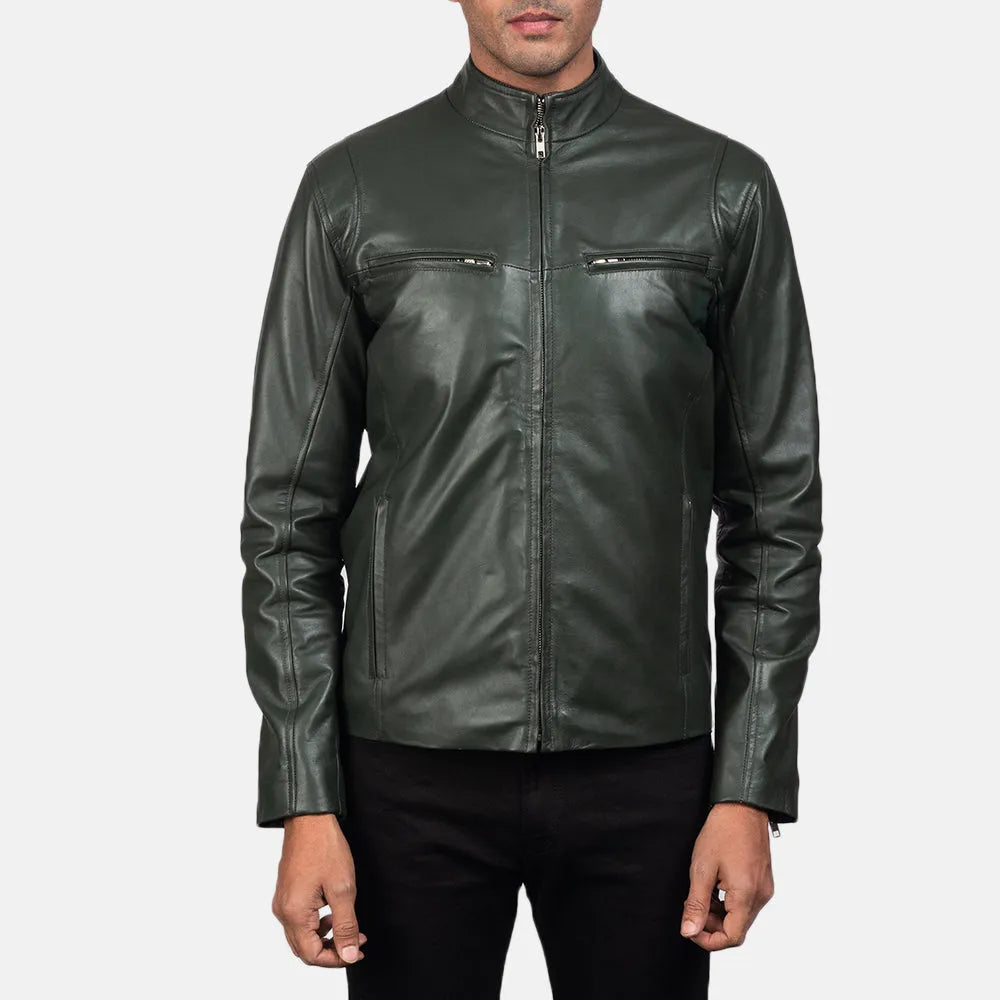 Unleash your inner rebel with this dark green biker jacket crafted from leather, a statement piece that exudes confidence.
