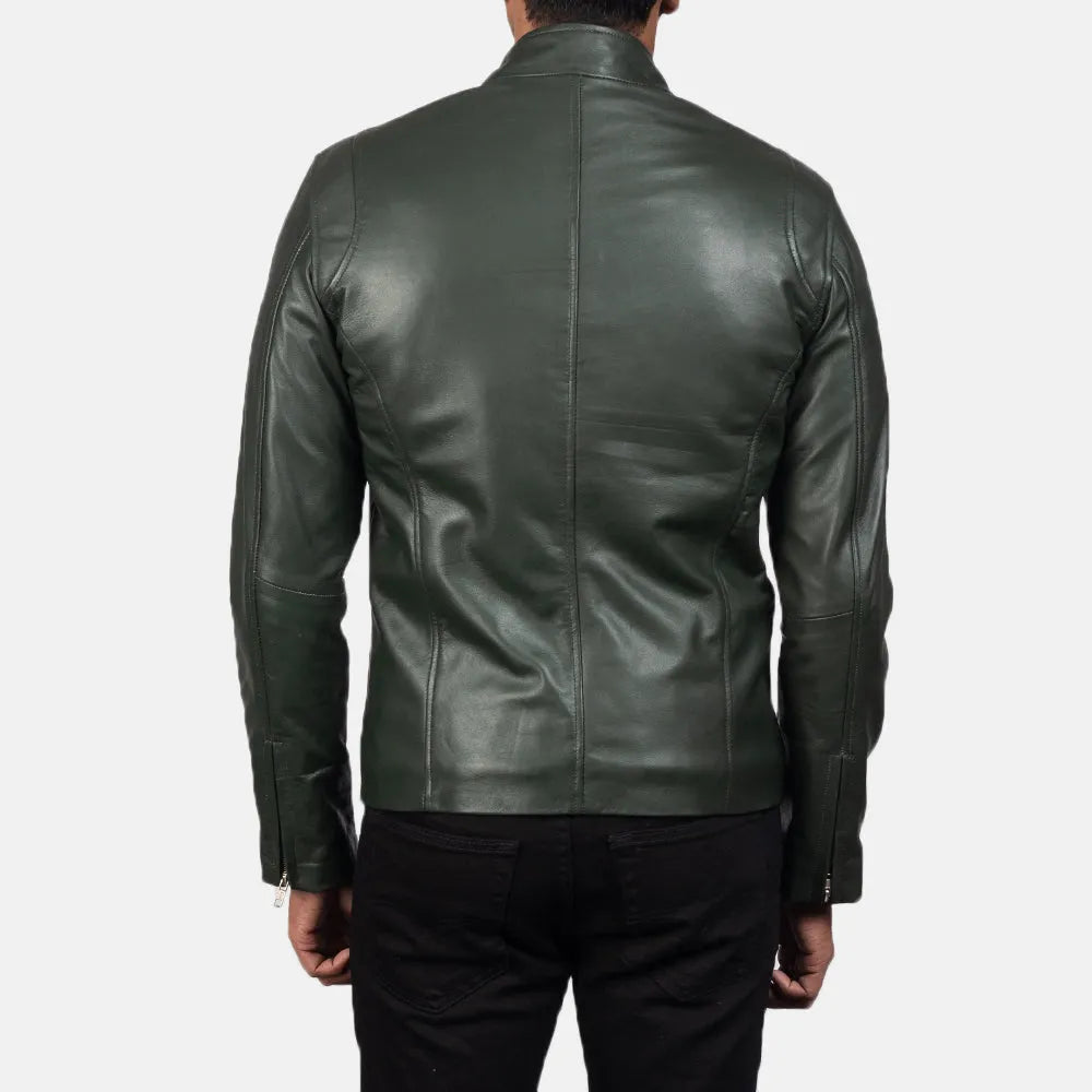Unleash your inner rebel with this dark green biker jacket crafted from leather, a statement piece that exudes confidence.