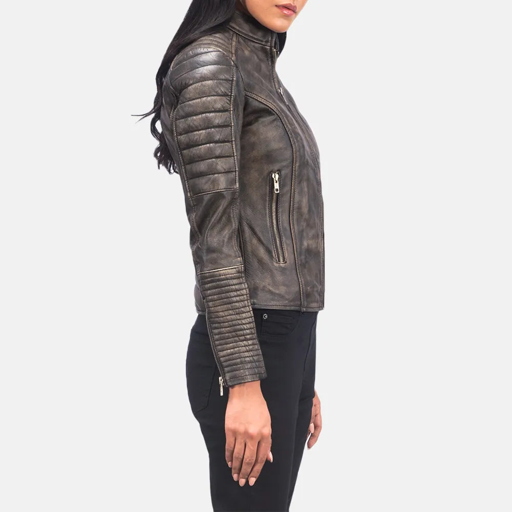 Improve your look with this women's distressed brown leather jacket, made of high-quality leather for a timeless and fashionable appearance.