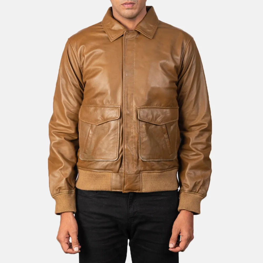 Men's leather bomber coat in rich brown color, a timeless fashion piece