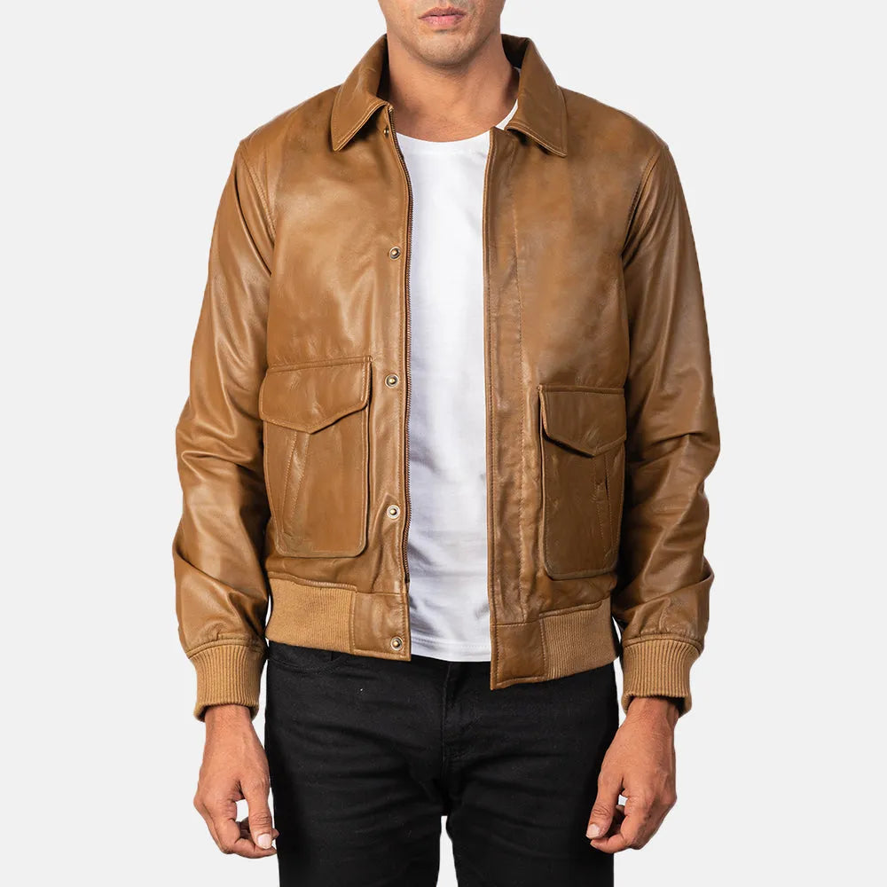 Men's leather bomber coat in rich brown color, a timeless fashion piece