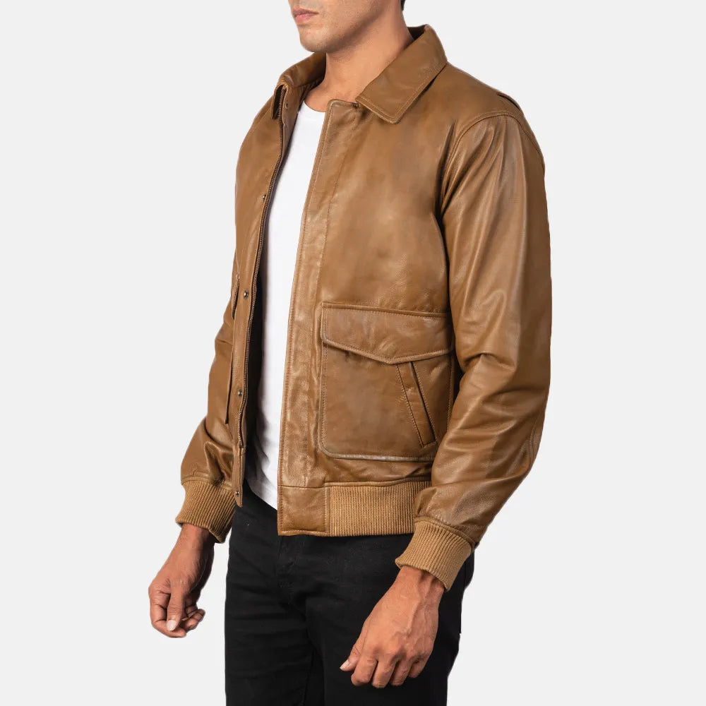 Men's leather bomber coat in rich brown color, a timeless fashion piece