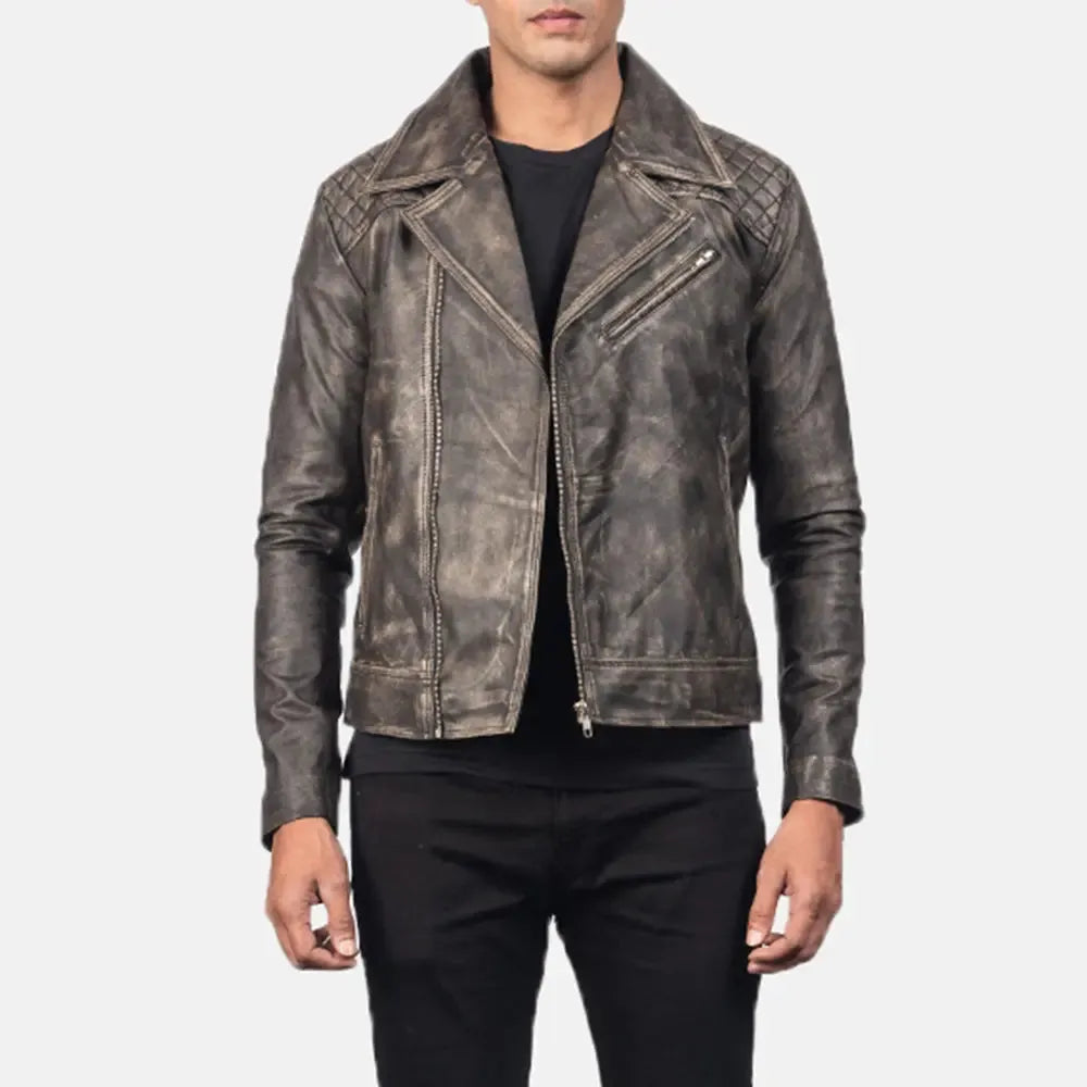 A rugged men's leather riding jacket crafted from distressed leather, exuding a timeless and edgy appeal.