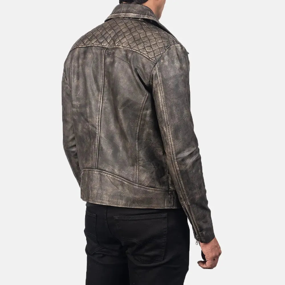 A rugged men's leather riding jacket crafted from distressed leather, exuding a timeless and edgy appeal.