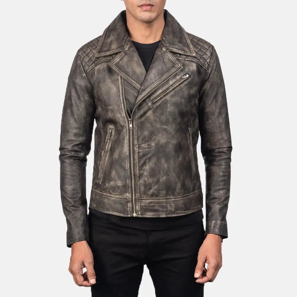 A rugged men's leather riding jacket crafted from distressed leather, exuding a timeless and edgy appeal.