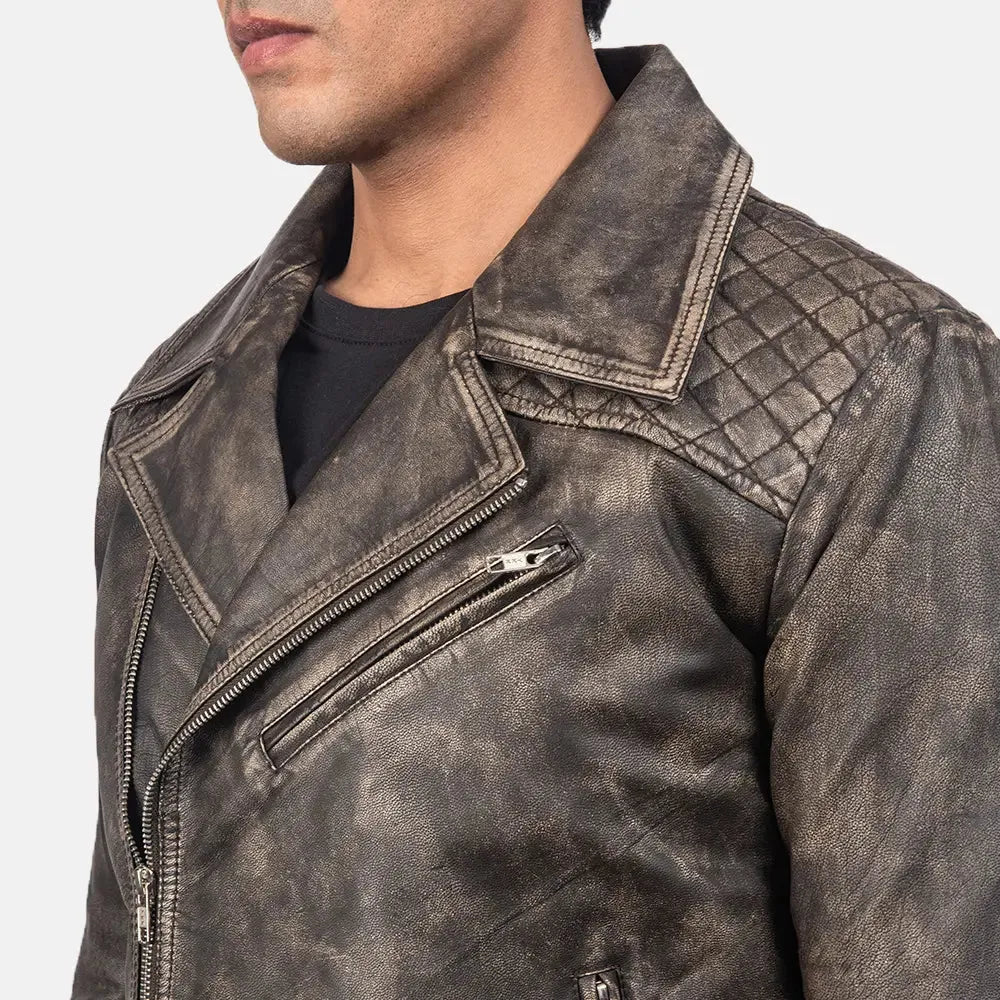 A rugged men's leather riding jacket crafted from distressed leather, exuding a timeless and edgy appeal.