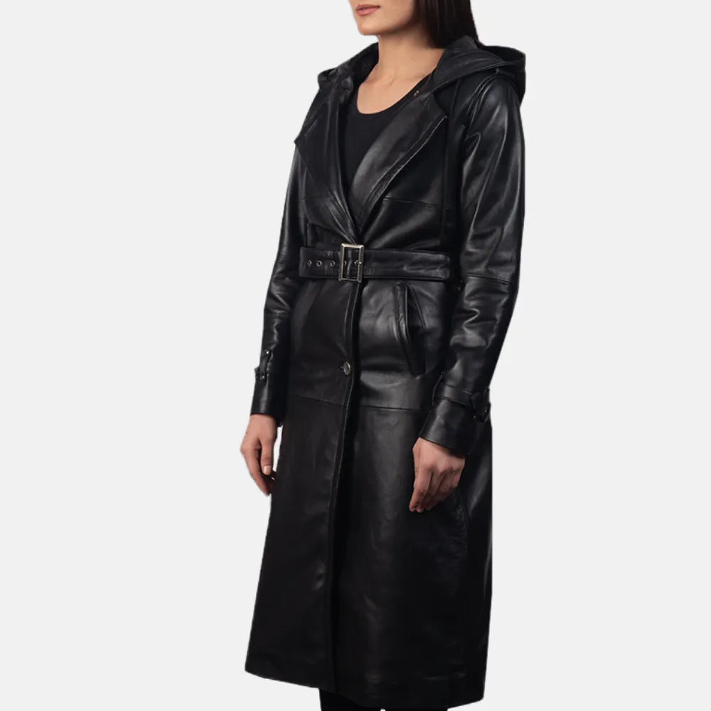 Fashionable leather trench coat in classic black color.