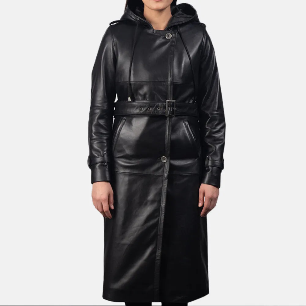Fashionable leather trench coat in classic black color.
