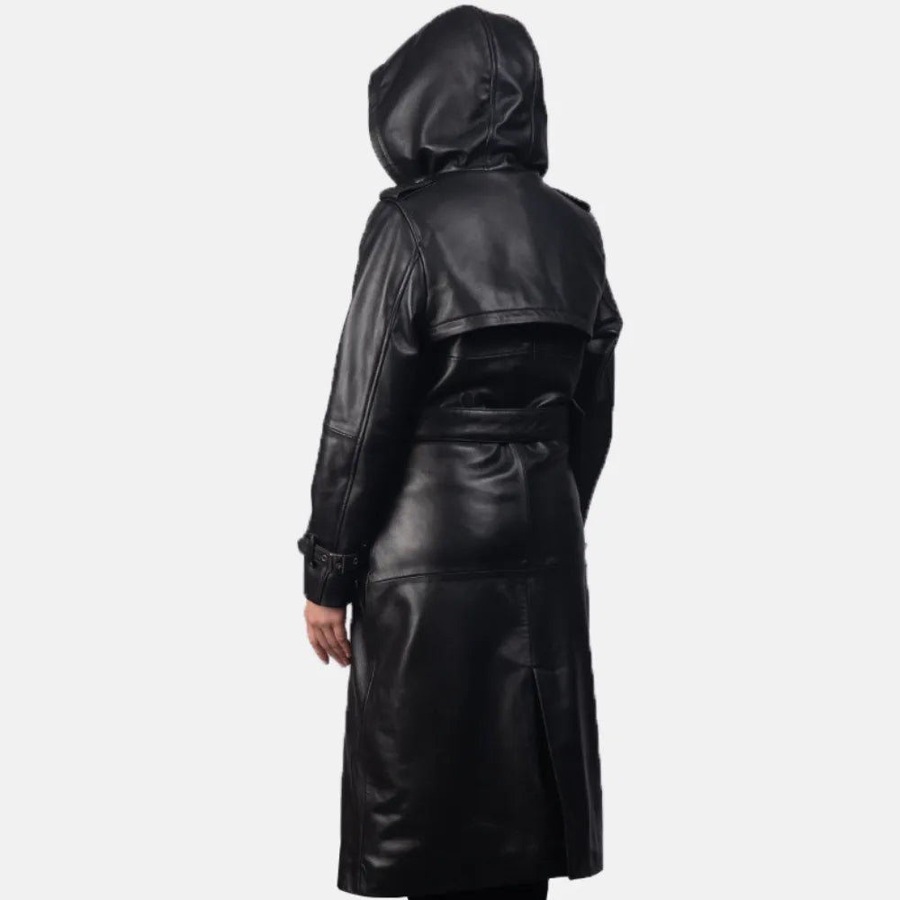 Fashionable leather trench coat in classic black color.